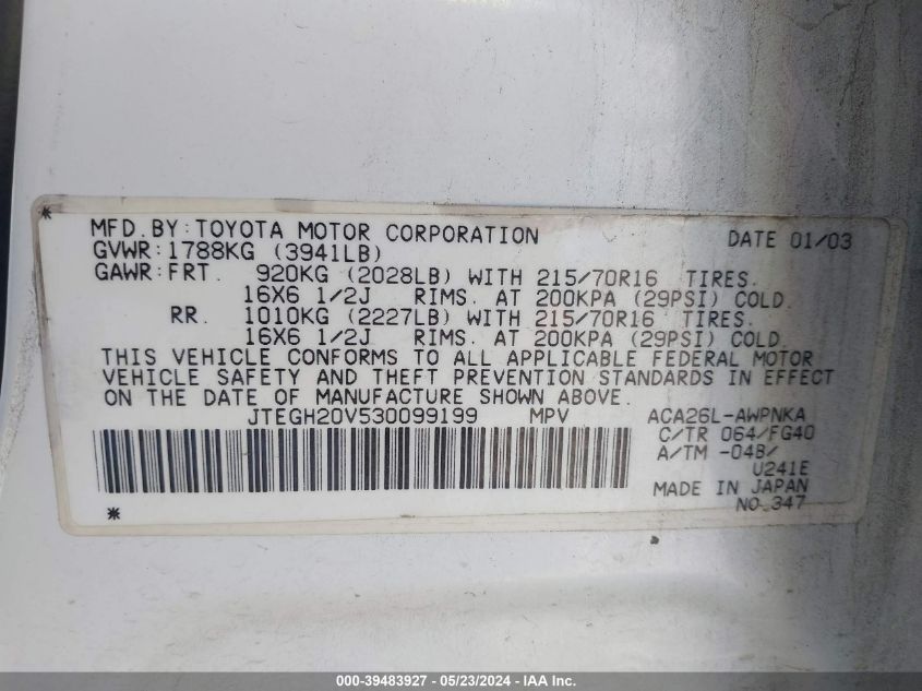 2003 Toyota Rav4 VIN: JTEGH20V530099199 Lot: 39483927
