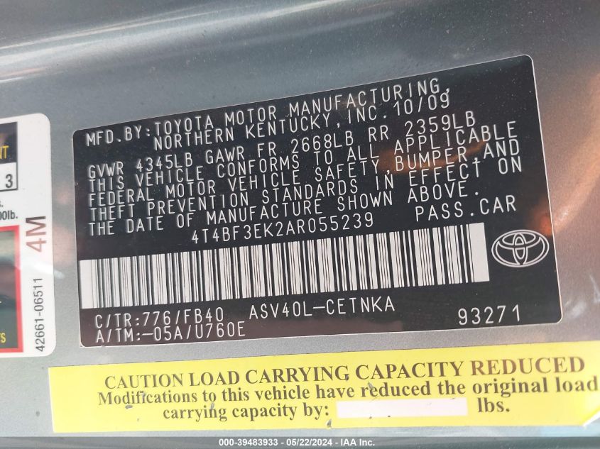 2010 Toyota Camry Le VIN: 4T4BF3EK2AR055239 Lot: 39483933