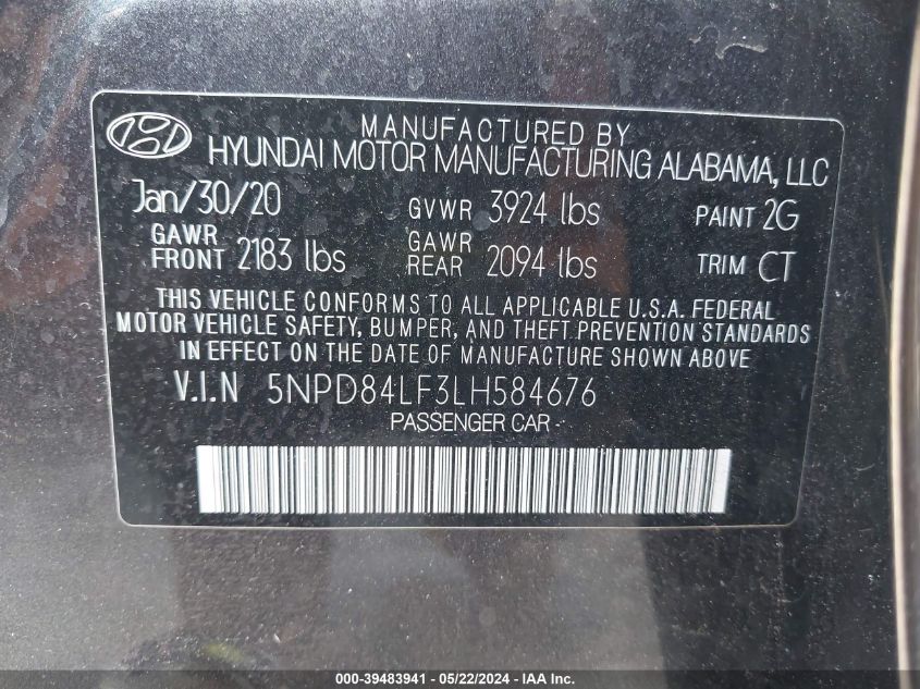 5NPD84LF3LH584676 2020 Hyundai Elantra Value Edition