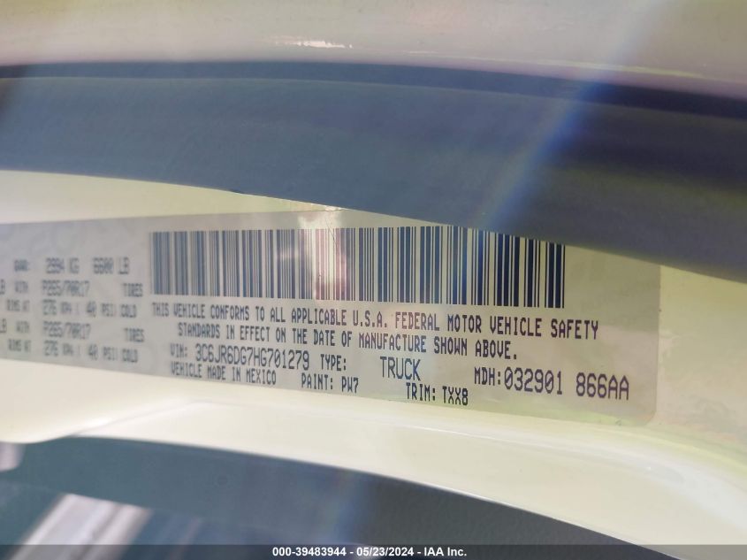 2017 Ram 1500 Tradesman Regular Cab 4X2 8' Box VIN: 3C6JR6DG7HG701279 Lot: 39483944