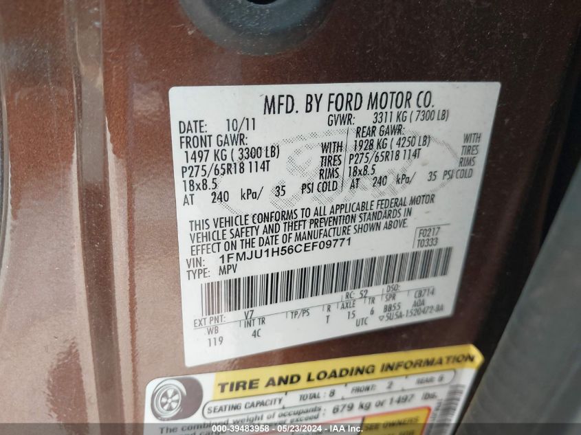 2012 Ford Expedition Xlt VIN: 1FMJU1H56CEF09771 Lot: 39483958