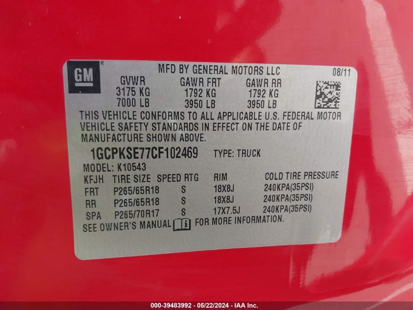 2012 Chevrolet Silverado 1500 Lt VIN: 1GCPKSE77CF102469 Lot: 39483992