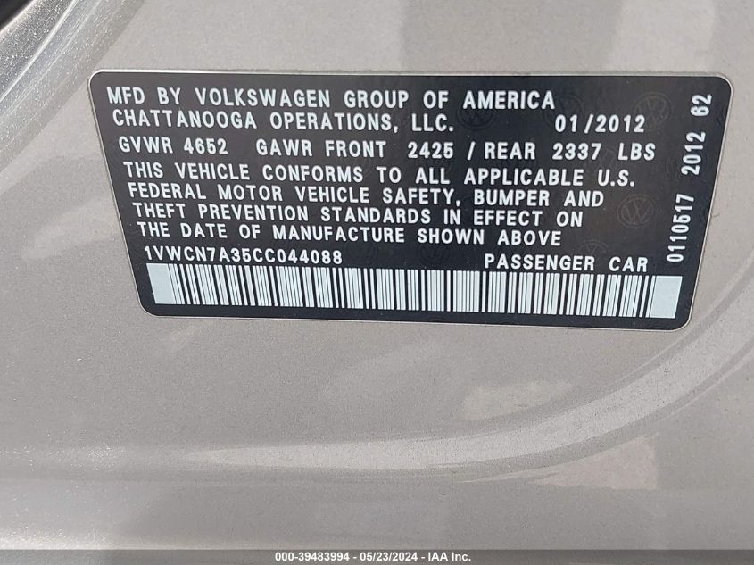 2012 Volkswagen Passat 2.0L Tdi Sel Premium VIN: 1VWCN7A35CC044088 Lot: 39483994