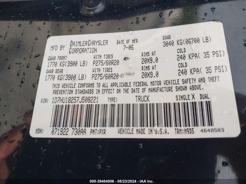 2007 Dodge Ram 1500 Slt/Trx4 Off Road/Sport VIN: 1D7HU18257J508221 Lot: 39484006