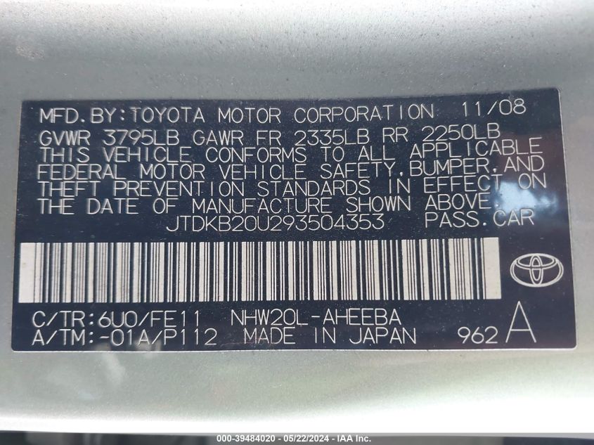 2009 Toyota Prius VIN: JTDKB20U293504353 Lot: 39484020