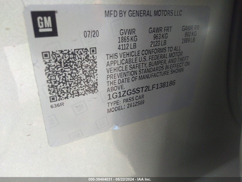 2020 Chevrolet Malibu Fwd Rs VIN: 1G1ZG5ST2LF138186 Lot: 39484031