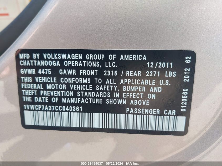 2012 Volkswagen Passat 2.5L Sel VIN: 1VWCP7A37CC040361 Lot: 39484037