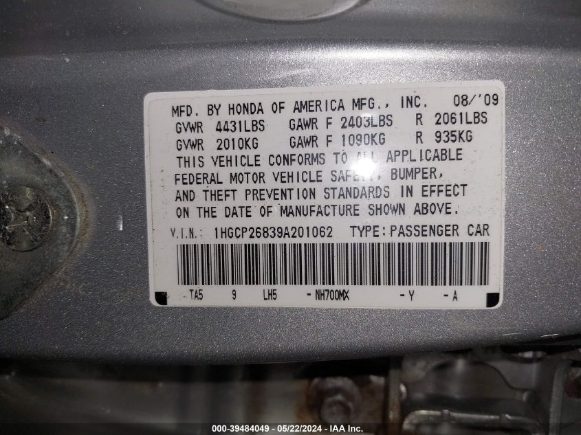 2009 Honda Accord 2.4 Ex-L VIN: 1HGCP26839A201062 Lot: 39484049