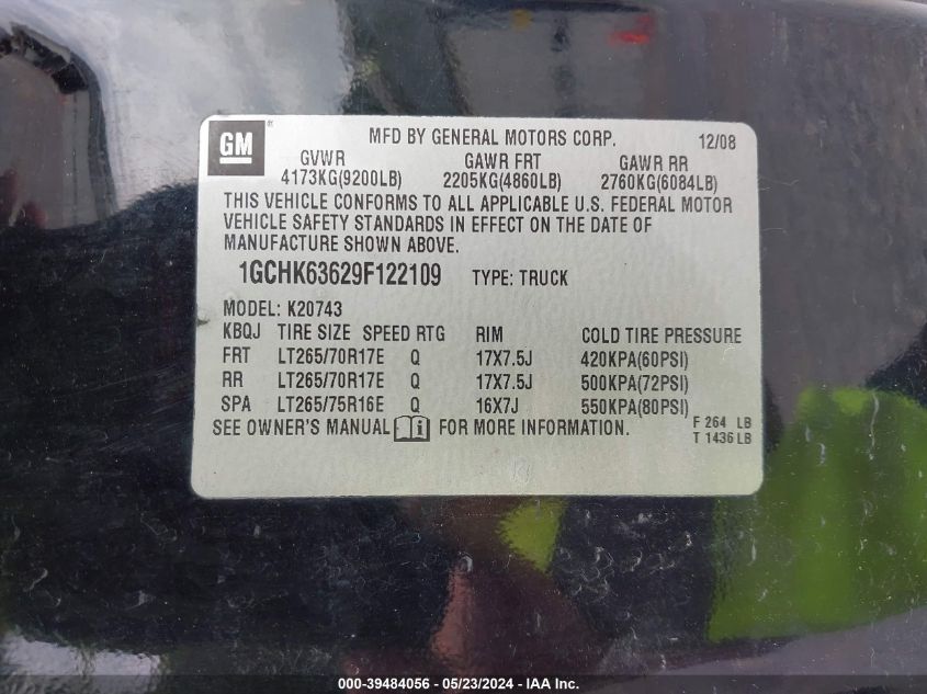 2009 Chevrolet Silverado 2500Hd Ltz VIN: 1GCHK63629F122109 Lot: 39484056