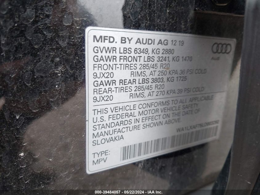 2020 Audi Q7 Premium Plus 55 Tfsi Quattro Tiptronic VIN: WA1LXAF75LD003292 Lot: 39484057