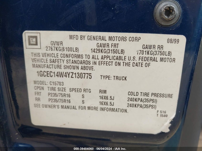 2000 Chevrolet Silverado 1500 VIN: 1GCEC14W4YZ130775 Lot: 39484060