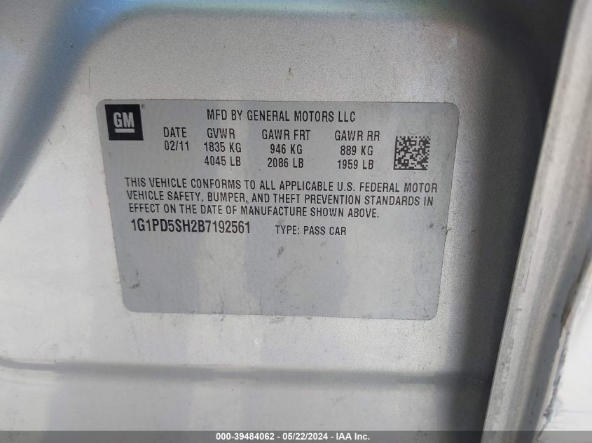 2011 Chevrolet Cruze Ls VIN: 1G1PD5SH2B7192561 Lot: 39484062