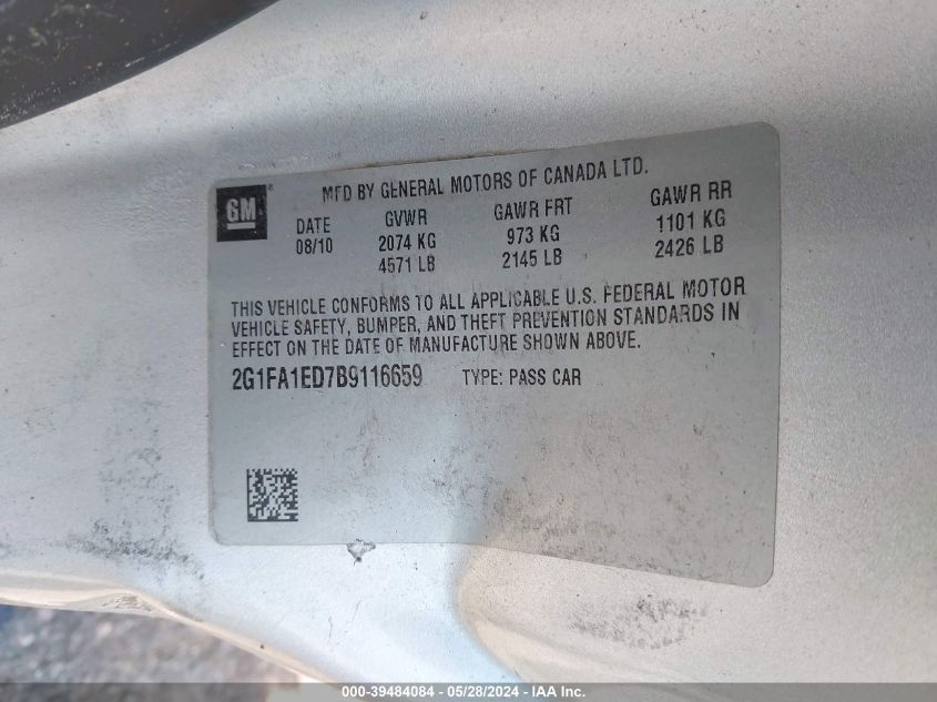 2011 Chevrolet Camaro 2Ls VIN: 2G1FA1ED7B9116659 Lot: 39484084