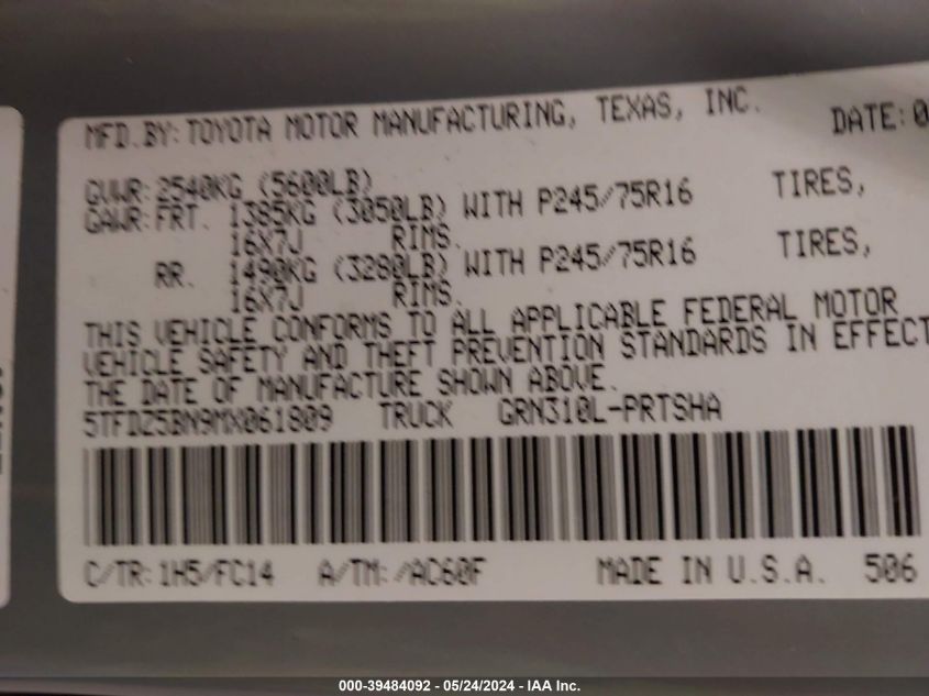 2021 Toyota Tacoma Sr5 V6 VIN: 5TFDZ5BN9MX061809 Lot: 39484092