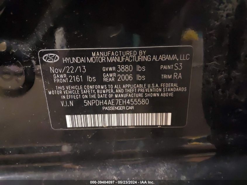 2014 Hyundai Elantra Se VIN: 5NPDH4AE7EH455580 Lot: 39484097