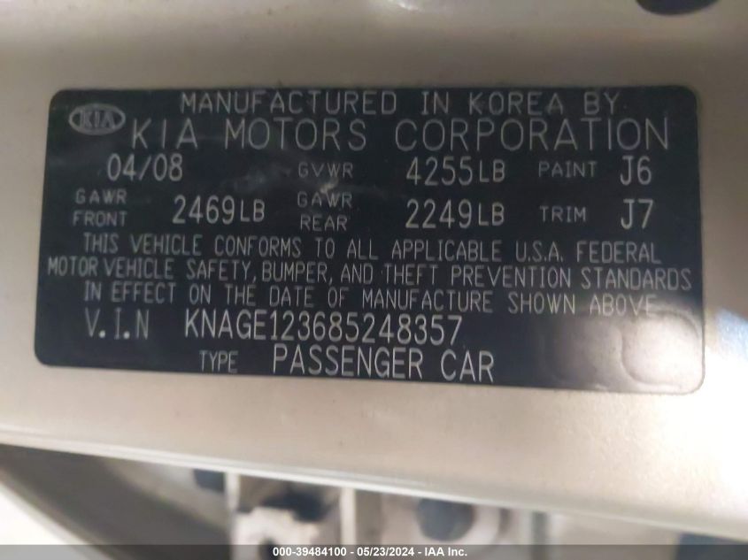 2008 Kia Optima Lx VIN: KNAGE123685248357 Lot: 39484100
