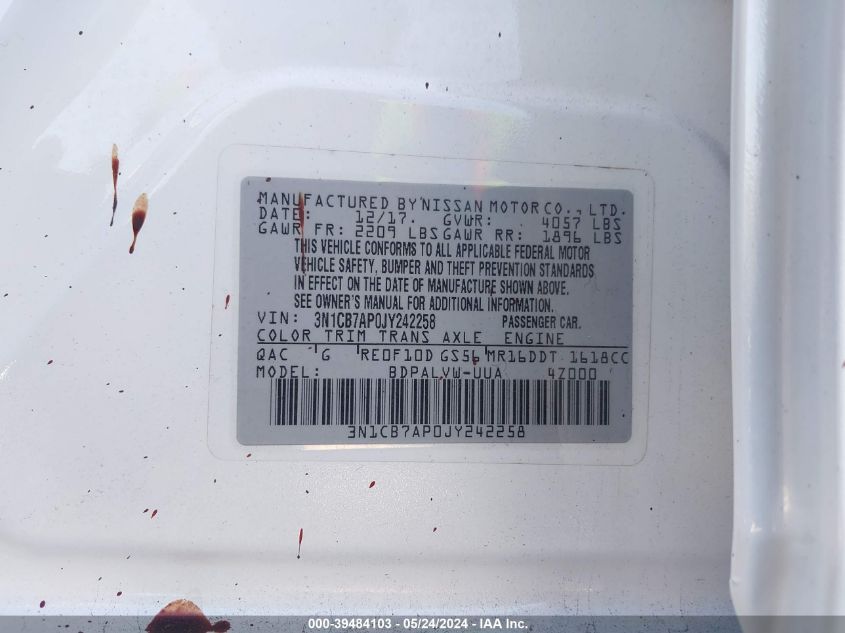 VIN 3N1CB7AP0JY242258 2018 NISSAN SENTRA NISMO