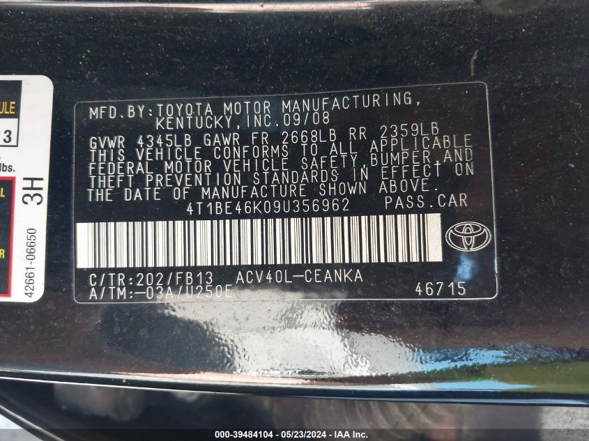 2009 Toyota Camry Le VIN: 4T1BE46K09U356962 Lot: 39484104