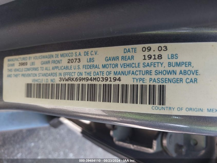 2004 Volkswagen Jetta Gl VIN: 3VWRK69M94M039194 Lot: 39484110