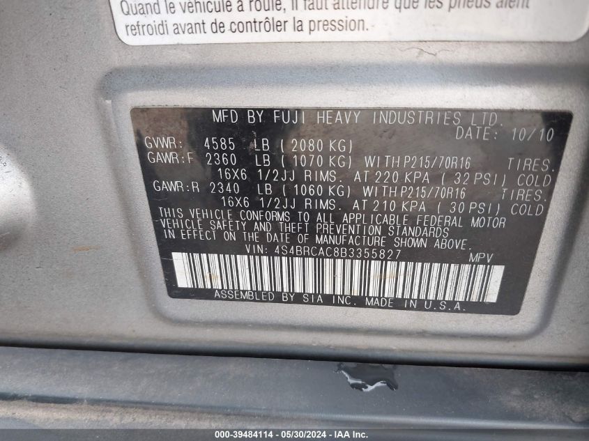 2011 Subaru Outback 2.5I VIN: 4S4BRCAC8B3355827 Lot: 39484114