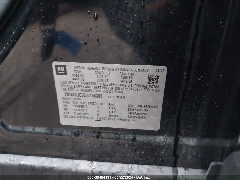 2018 Chevrolet Equinox Lt VIN: 2GNAXJEV0J6165380 Lot: 39484131