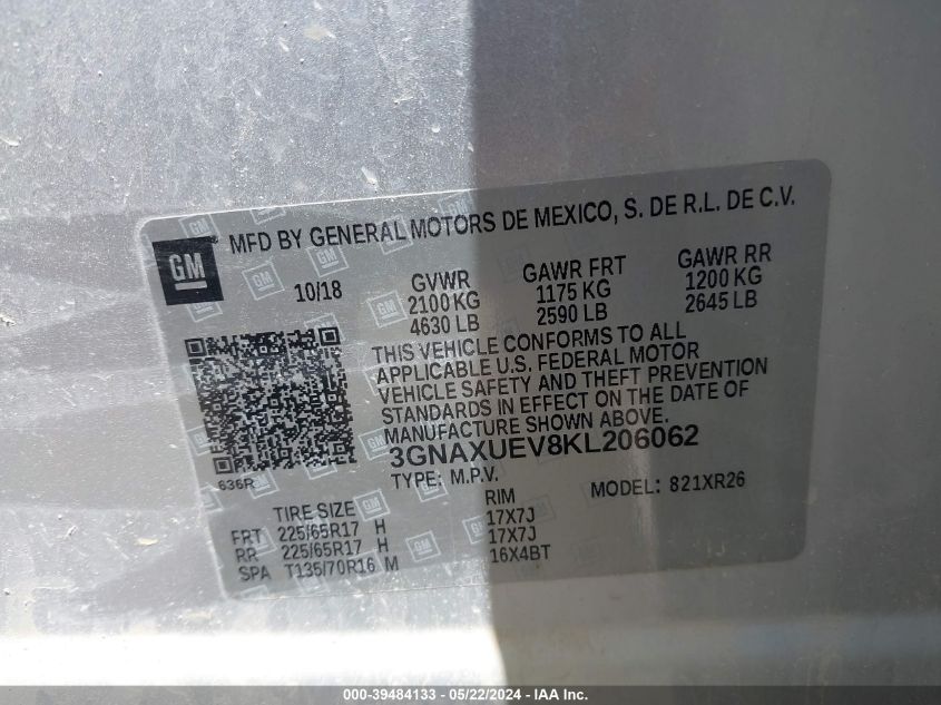 2019 Chevrolet Equinox Lt VIN: 3GNAXUEV8KL206062 Lot: 39484133