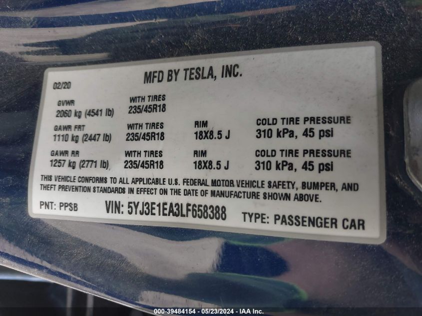 2020 Tesla Model 3 Standard Range Plus Rear-Wheel Drive/Standard Range Rear-Wheel Drive VIN: 5YJ3E1EA3LF658388 Lot: 39484154