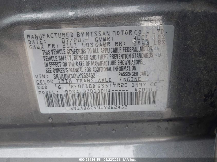 2020 Nissan Sentra Sv Xtronic Cvt VIN: 3N1AB8CV3LY262452 Lot: 39484156