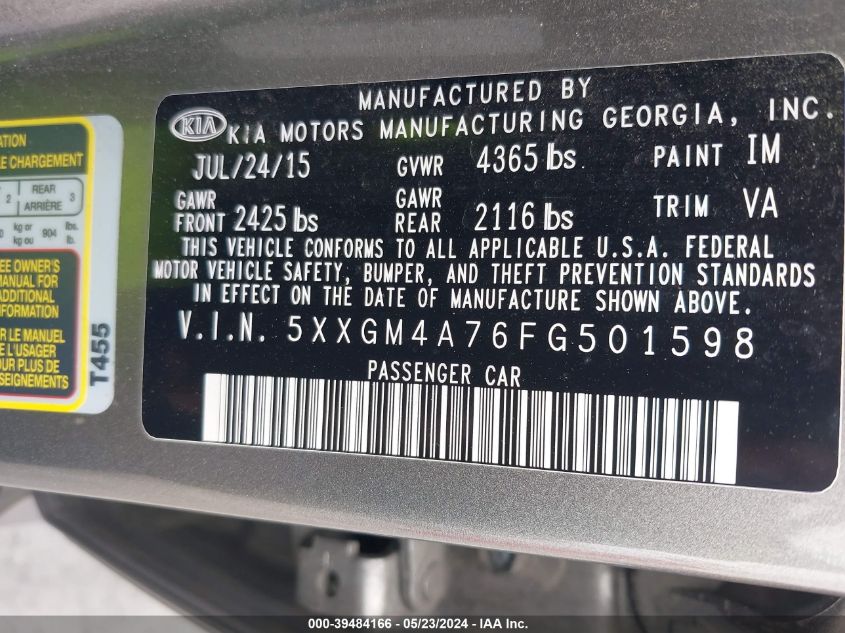 2015 Kia Optima Lx VIN: 5XXGM4A76FG501598 Lot: 39484166