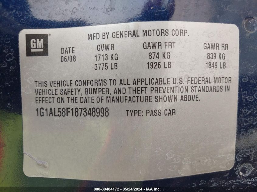 2008 Chevrolet Cobalt Lt VIN: 1G1AL58F187348998 Lot: 39484172