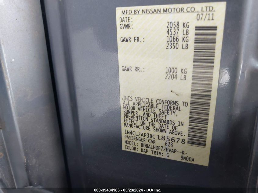 2011 Nissan Altima Hybrid VIN: 1N4CL2AP3BC185678 Lot: 39484185