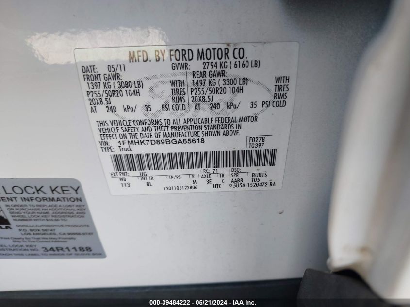 2011 Ford Explorer Xlt VIN: 1FMHK7D89BGA65618 Lot: 39484222