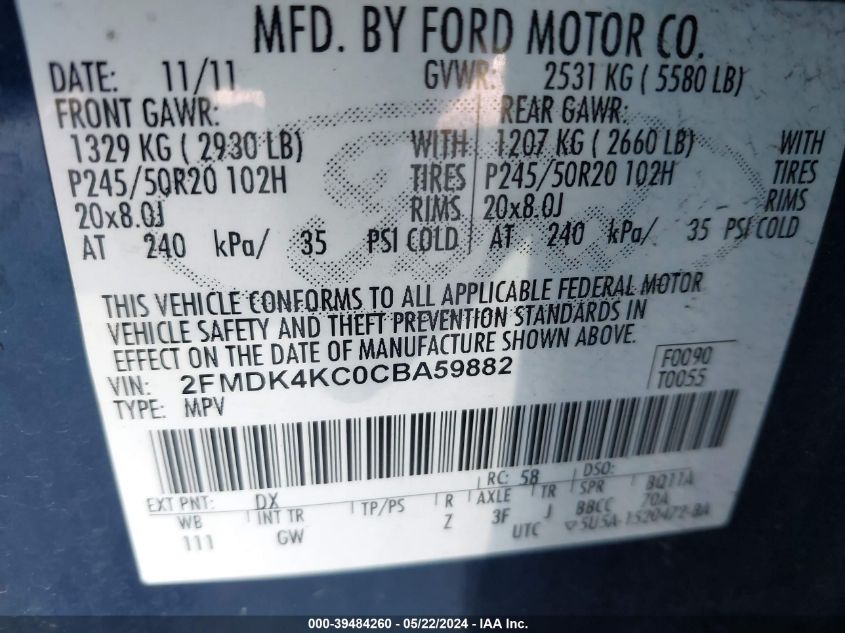 2012 Ford Edge Limited VIN: 2FMDK4KC0CBA59882 Lot: 39484260