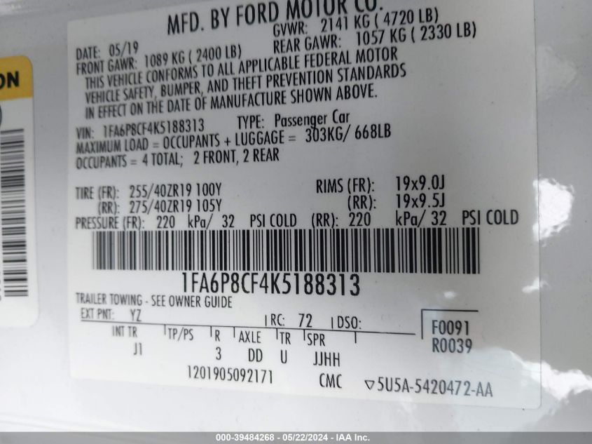 2019 Ford Mustang Gt Premium VIN: 1FA6P8CF4K5188313 Lot: 39484268