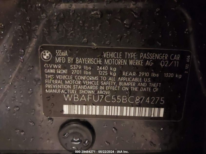 2011 BMW 535I xDrive VIN: WBAFU7C55BC874275 Lot: 39484271