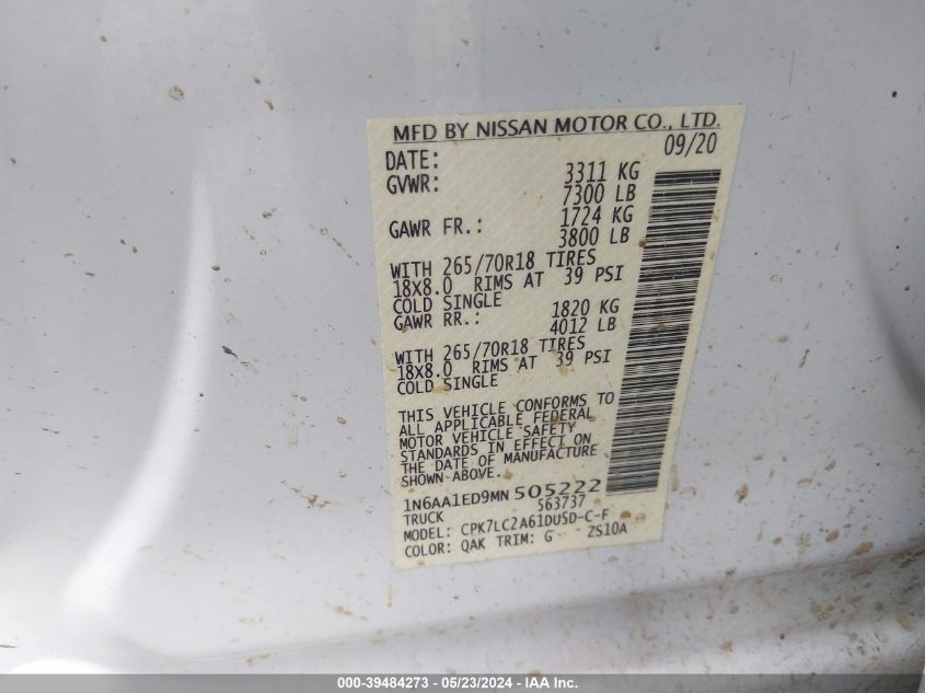 2021 Nissan Titan Sv 4X4 VIN: 1N6AA1ED9MN505222 Lot: 39484273