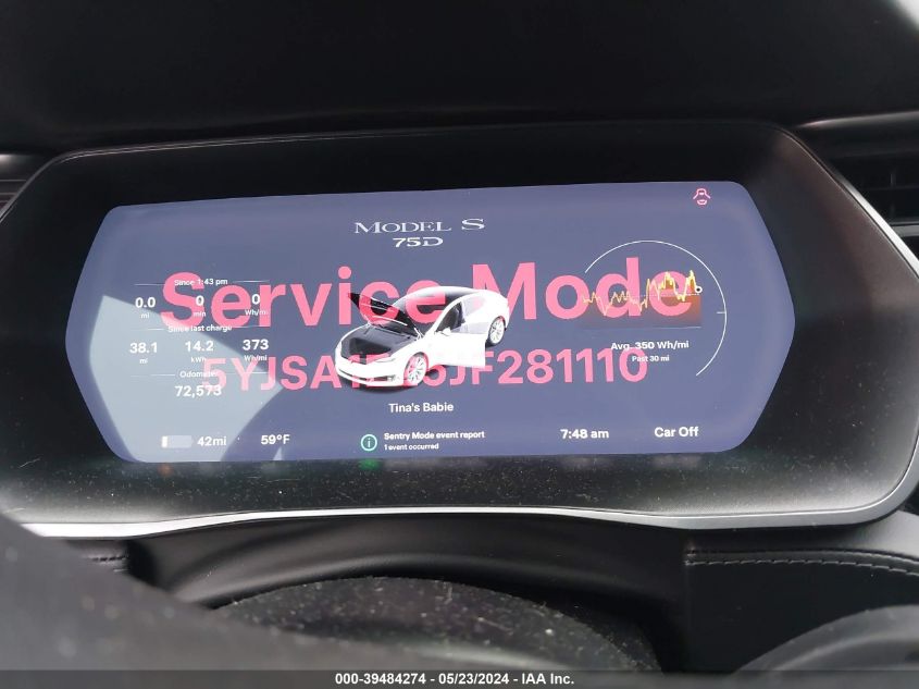 2018 Tesla Model S 100D/75D/P100D VIN: 5YJSA1E25JF281110 Lot: 39484274