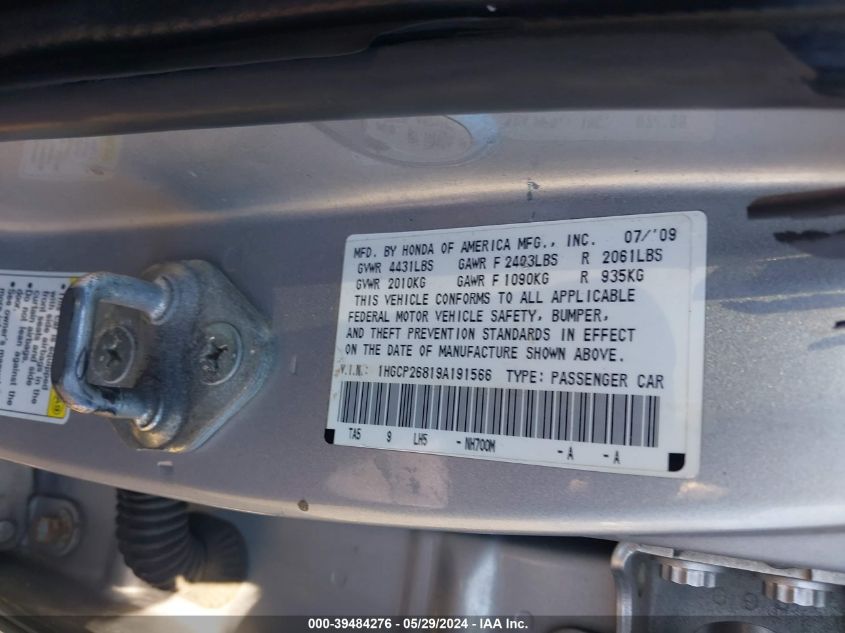 1HGCP26819A191566 2009 Honda Accord 2.4 Ex-L