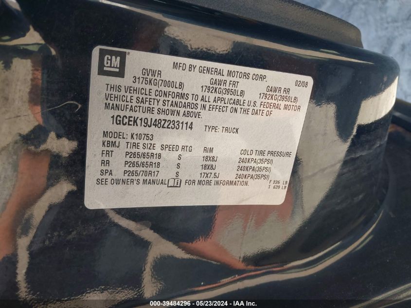 2008 Chevrolet Silverado 1500 Lt1 VIN: 1GCEK19J48Z233114 Lot: 39484296