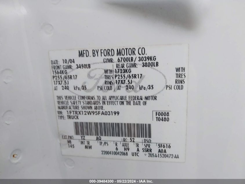 2005 Ford F-150 Stx/Xl/Xlt VIN: 1FTRX12W95FA03199 Lot: 39484300