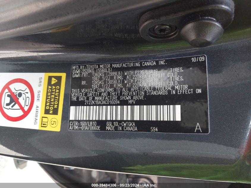 2010 Lexus Rx 350 VIN: 2T2ZK1BA3AC016094 Lot: 39484306