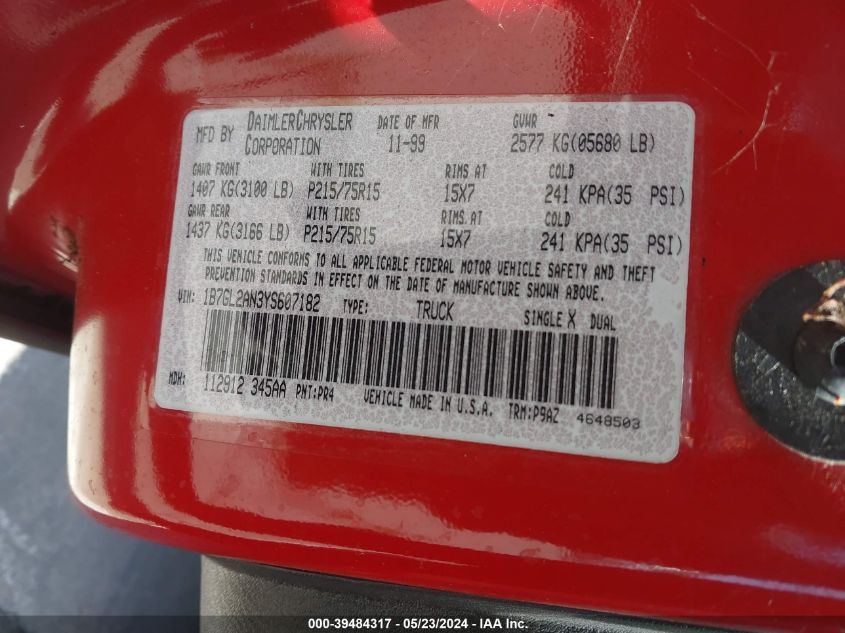 2000 Dodge Dakota Slt/Sport VIN: 1B7GL2AN3YS607182 Lot: 39484317