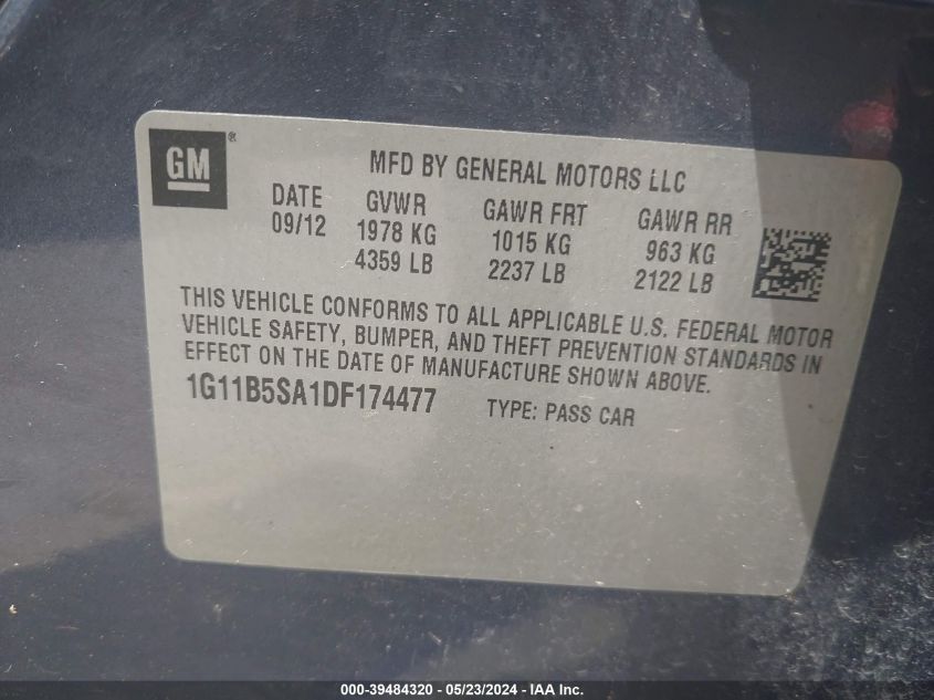 2013 Chevrolet Malibu 1Ls VIN: 1G11B5SA1DF174477 Lot: 39484320