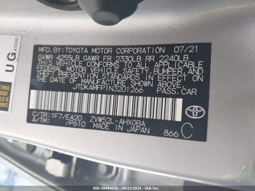 2022 Toyota Prius Prime Xle VIN: JTDKAMFP1N3201266 Lot: 39484330