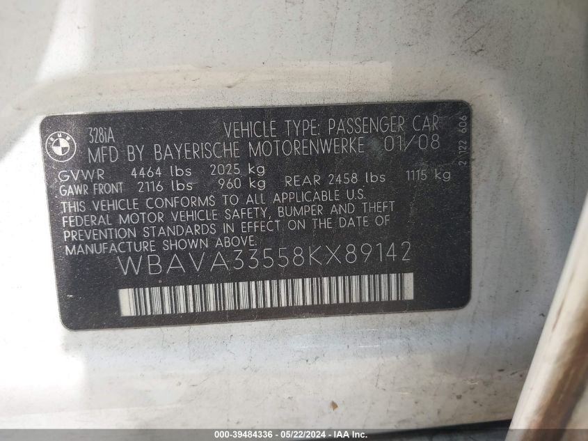2008 BMW 328I VIN: WBAVA33558KX89142 Lot: 39484336
