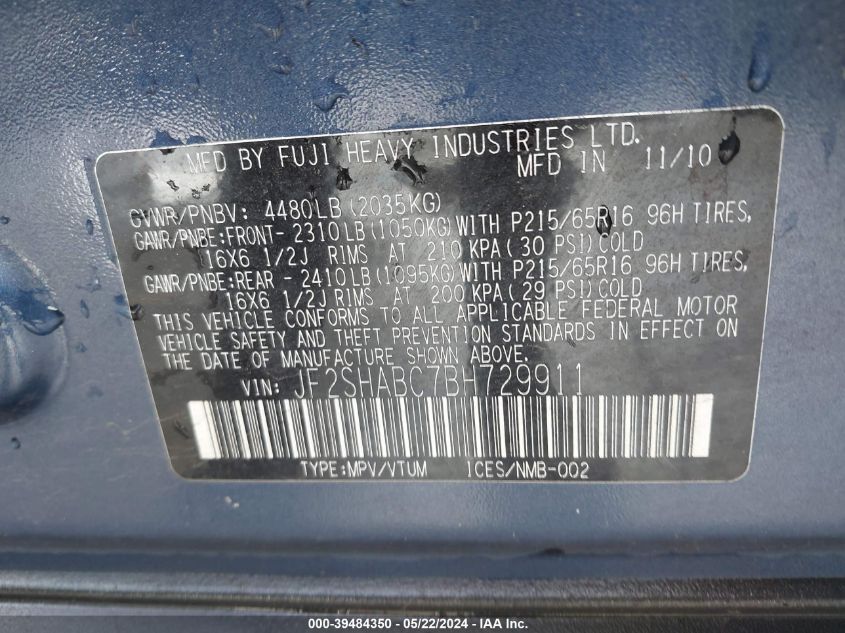 2011 Subaru Forester 2.5X VIN: JF2SHABC7BH729911 Lot: 39484350