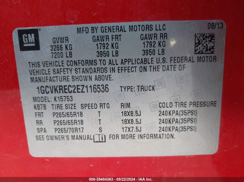 2014 Chevrolet Silverado 1500 2Lt VIN: 1GCVKREC2EZ116536 Lot: 39484363