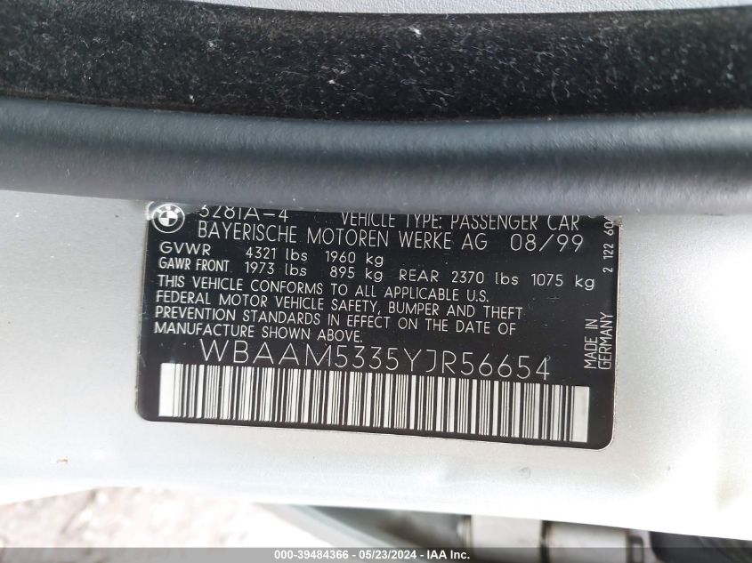 2000 BMW 328I VIN: WBAAM5335YJR56654 Lot: 39484366