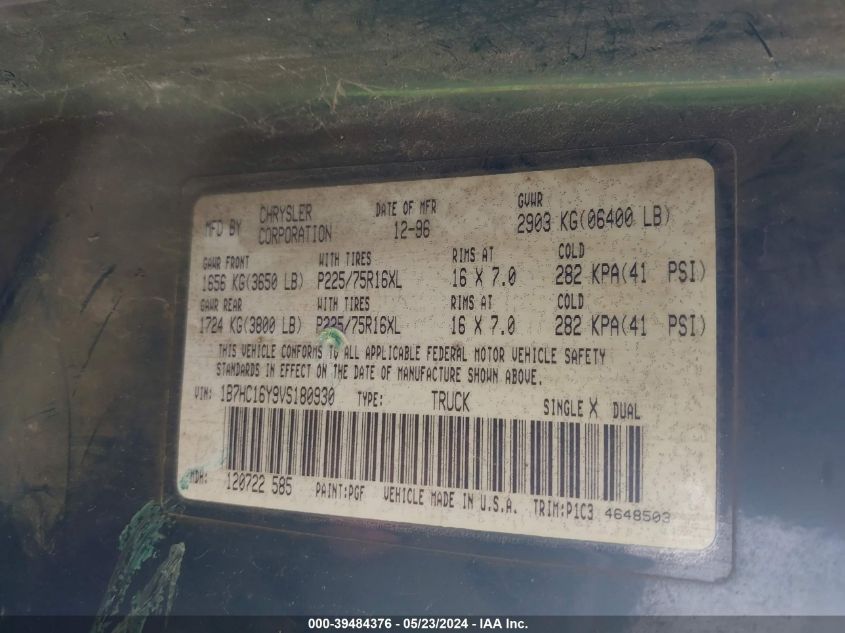1997 Dodge Ram 1500 Lt VIN: 1B7HC16Y9VS180930 Lot: 39484376