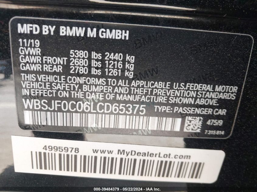 2020 BMW M5 Competition VIN: WBSJF0C06LCD65375 Lot: 39484379